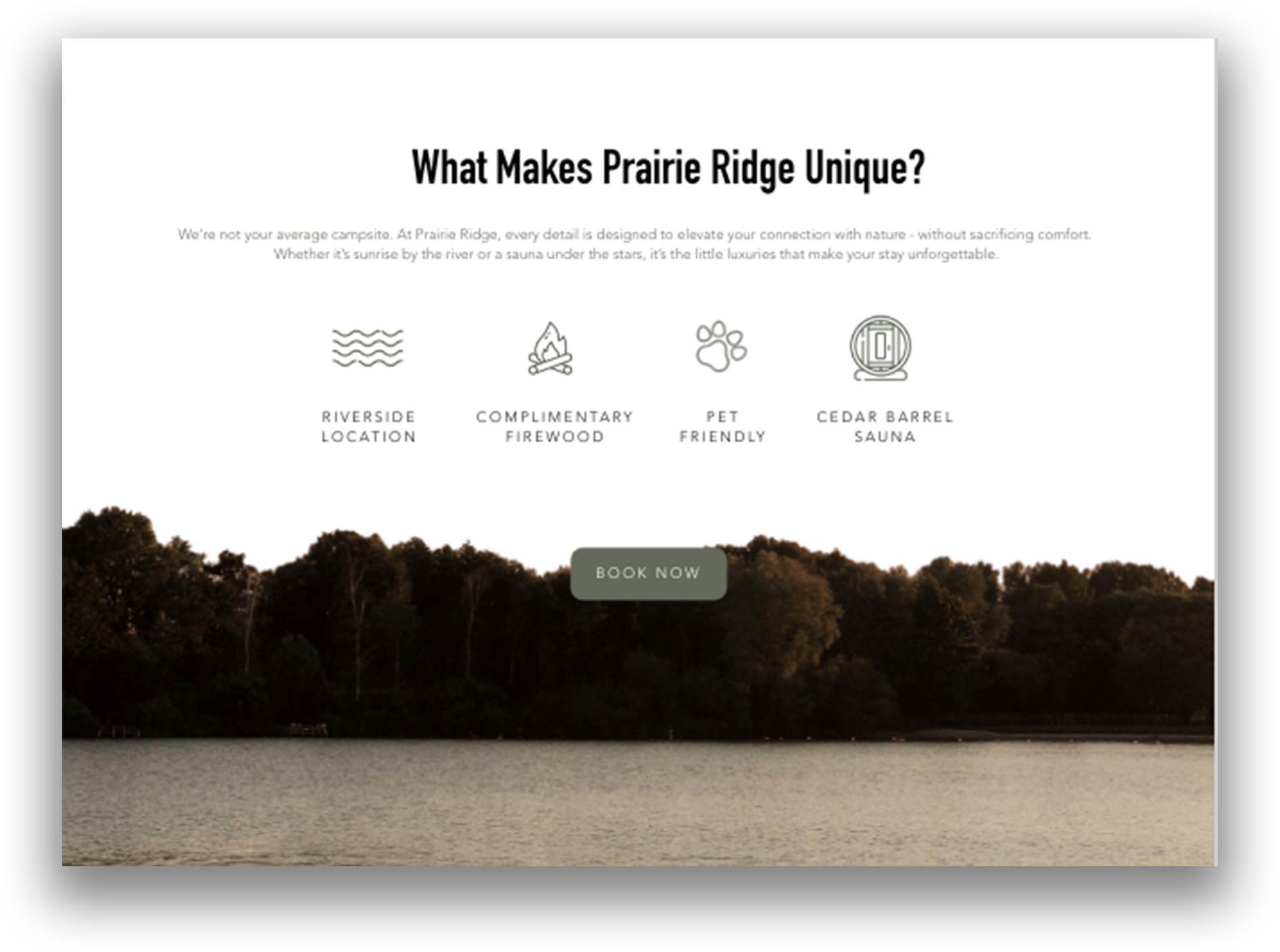 An informational webpage over a scenic landscape of a lakeside with trees, promoting Prairie Ridge. It highlights features like Riverside location, complimentary firewood, pet friendliness, and cedar barrel sauna, with a "Book Now" button.