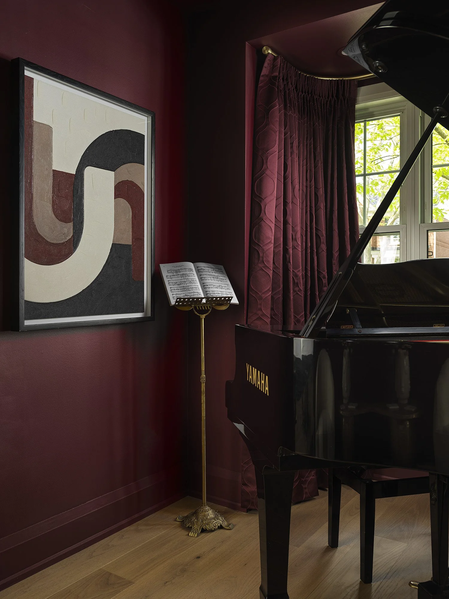 River Oaks Kitchen Reno - Burgundy Colour Drenched Piano Room