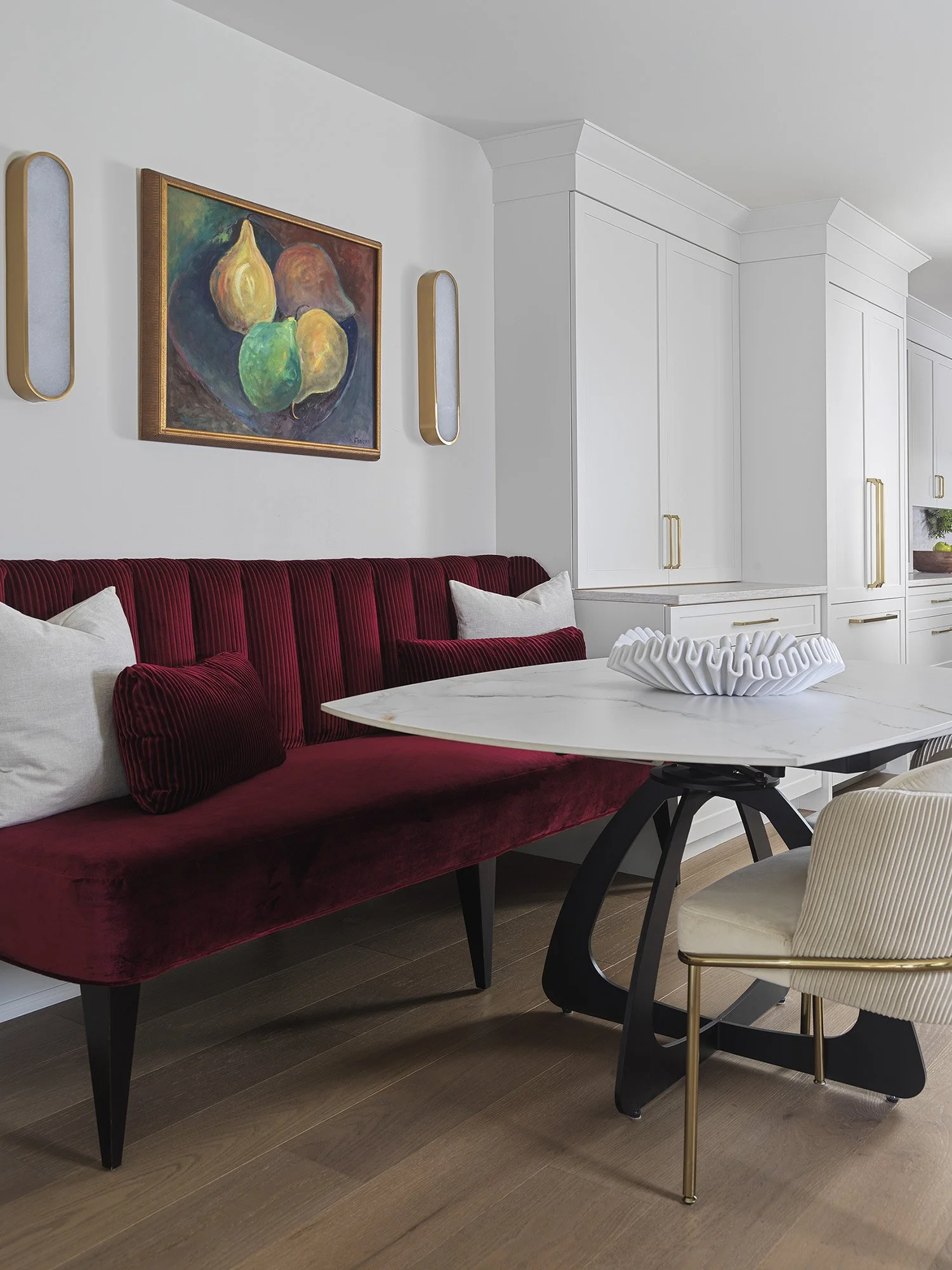 River Oaks Kitchen Reno - Velvet Burgundy custom banquette
