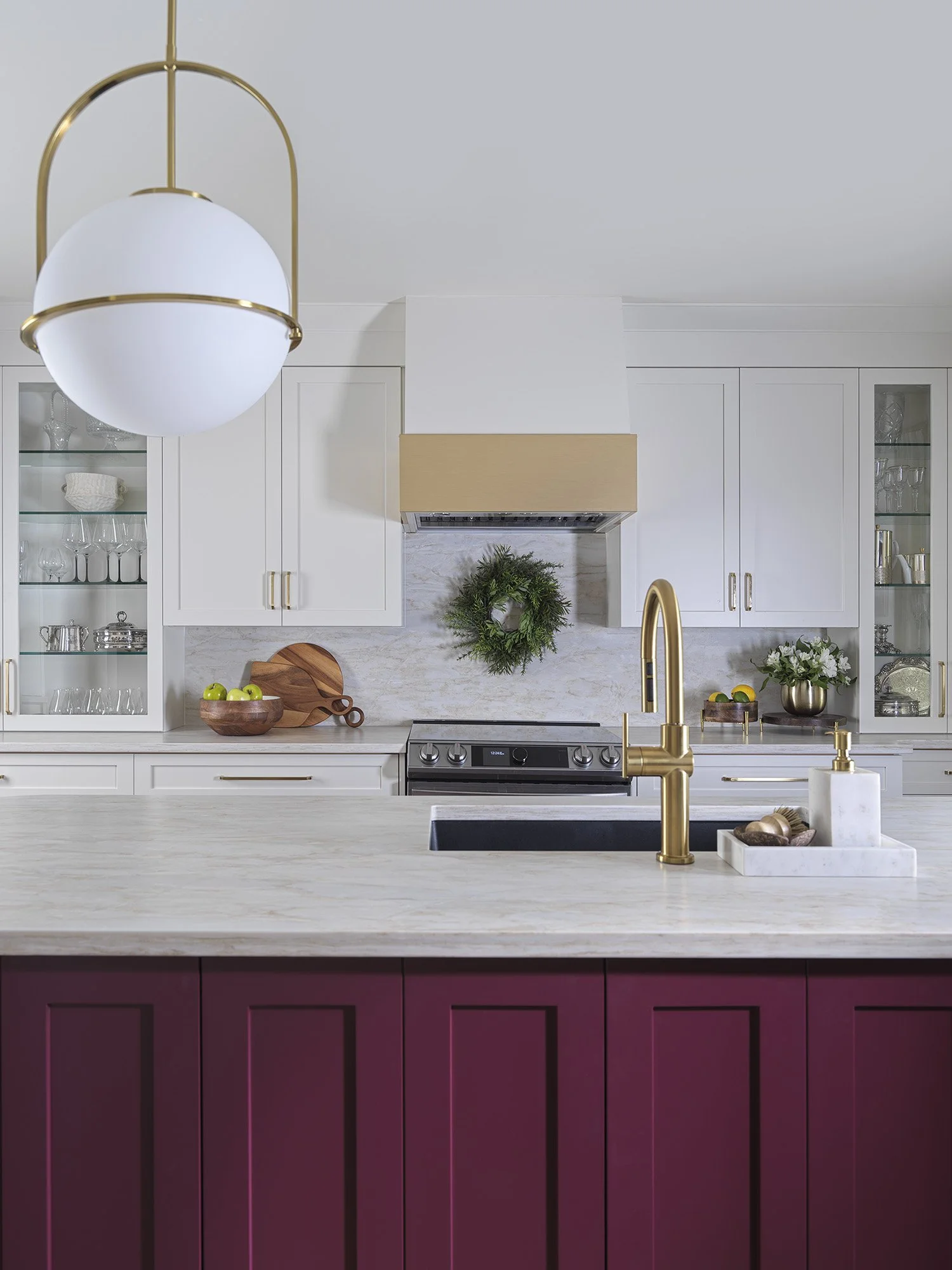 River Oaks Kitchen Reno - Burgundy Island and taj Mahal countertops & backsplash