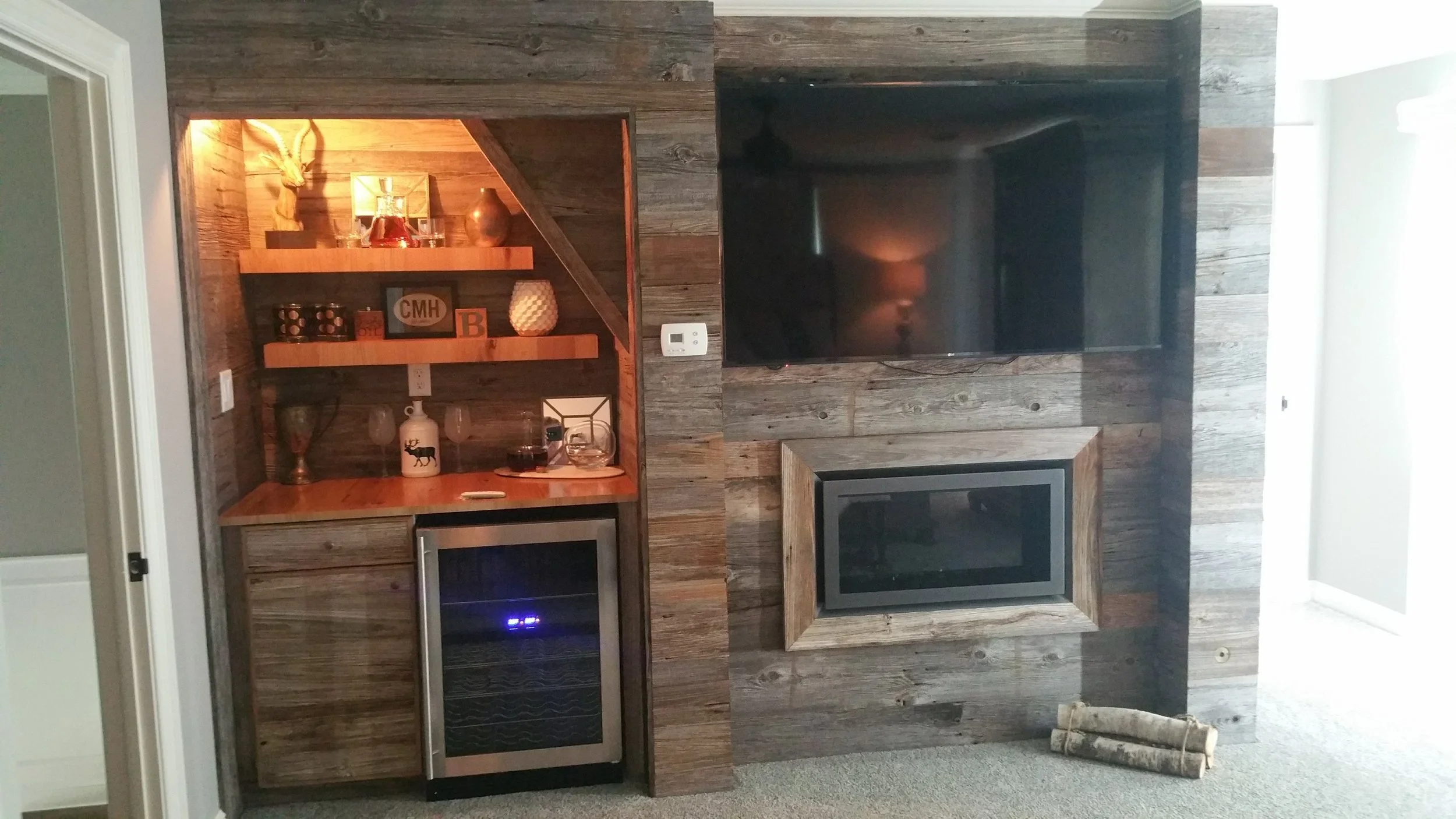Floating Reclaimed Wood Bar Shelves
