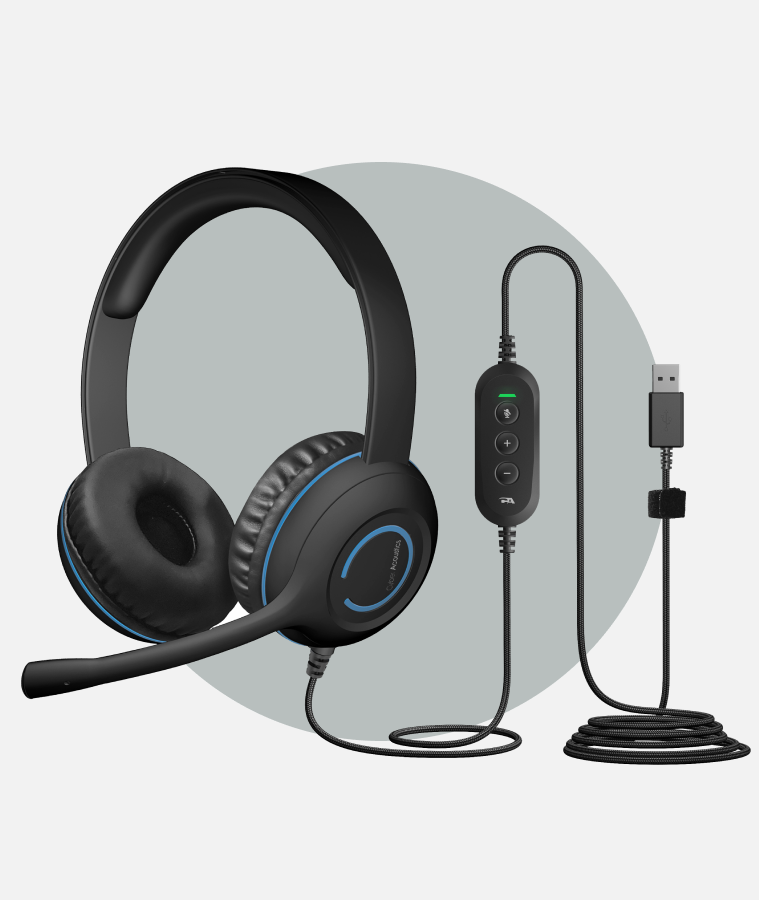 Auriculares con micrófono, control remoto y cable USB para conexión