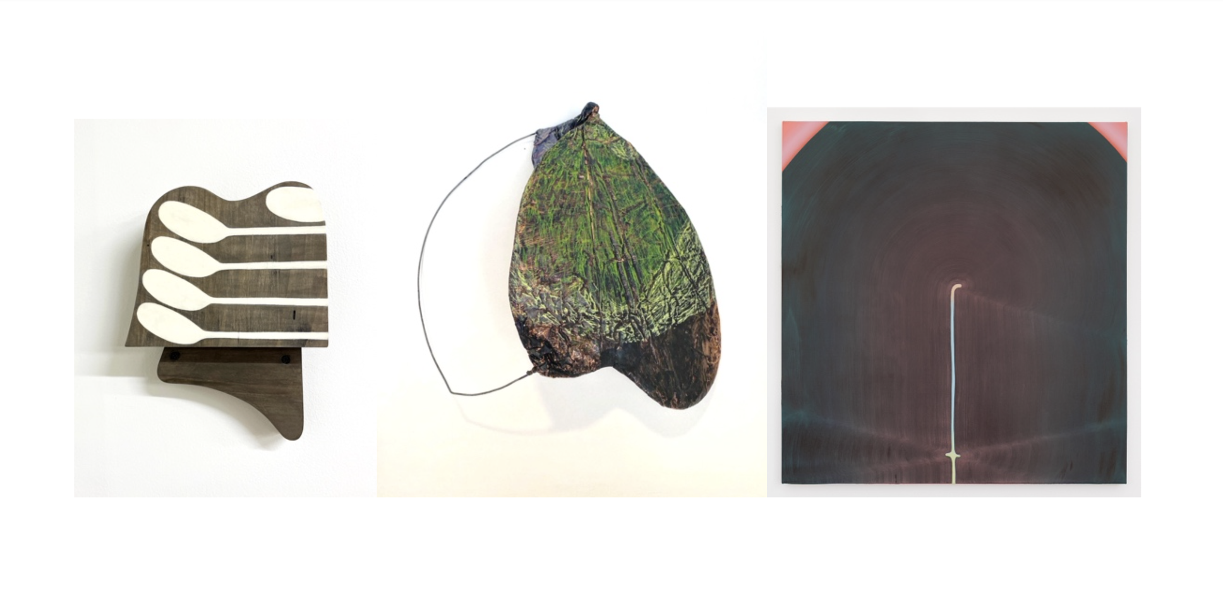   Images: Christina Tenaglia, “Untitled,” 2023, wood, paint, ink, 9 1⁄4 x 7 1⁄4 x 2 inches. Elisa Lendvay, “Yellowback Leaf,” 2023, steel, copper, gouache, acrylic and oil, 15.5 x16 x 5.5 inches. Osamu Kobayashi, “Staff,” 2026, oil on canvas, 42x 40 