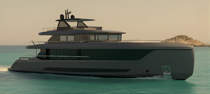 Luxury yacht sailing on water during sunset with rocky cliffs in the background.