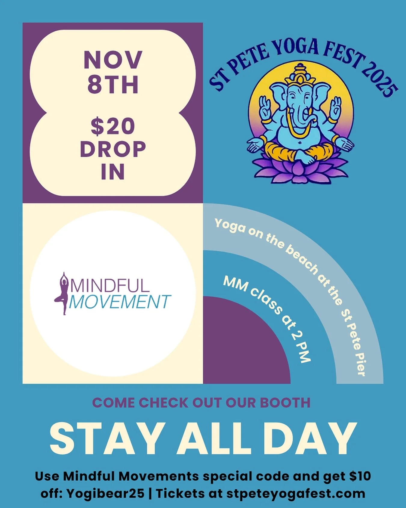 We&rsquo;d love for our community to show up and show out.
Join us at St. Pete Yoga Fest this Saturday, November 8th. Our Mindful Movement class begins at 2PM right on the beach at the Pier.

Come for our class or stay all day and enjoy the full line