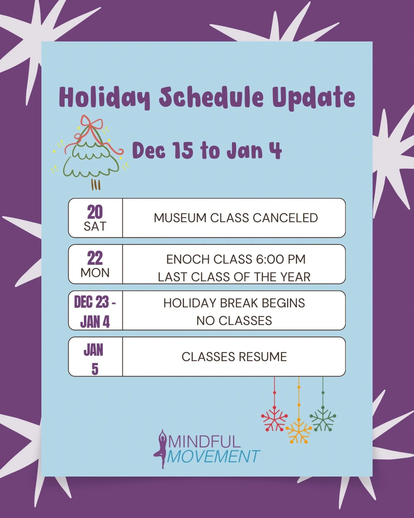 Final community classes: Week of Dec 15
Last class: Mon, Dec 22 at Enoch (6 PM)
Holiday closure: Dec 23 &ndash; Jan 5
Classes return: Sat, Jan 4, 2026

Thank you for a beautiful year. See you in the new year.🤍