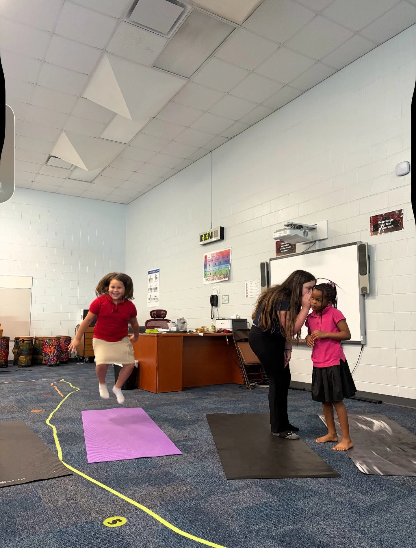 Today&rsquo;s activity was yoga telephone. Students practiced poses, memory, communication, and teamwork by passing the pose name down the line to see if it made it to the end correctly. The harder the pose name, the more giggles came with it.

They 
