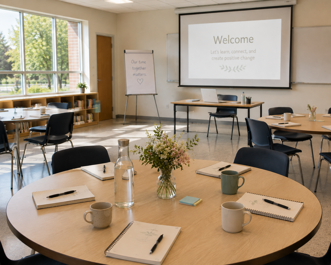 Bright community meeting room prepared for a wellness workshop with round tables, notebooks, coffee mugs, fresh flowers, and a presentation screen.