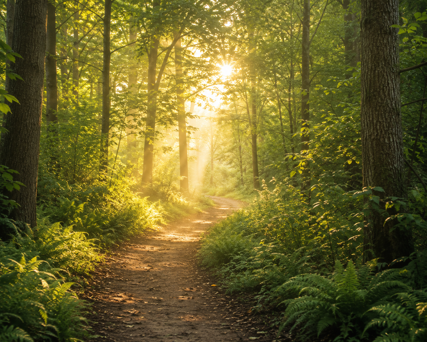 Sunlit woodland path winding through a peaceful forest with trees and soft morning light.