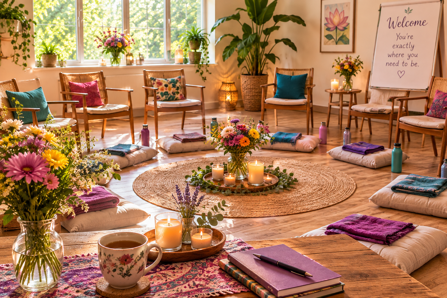 Warm welcome workshop room arranged with chairs, journals, flowers, and candles before participants arrive.