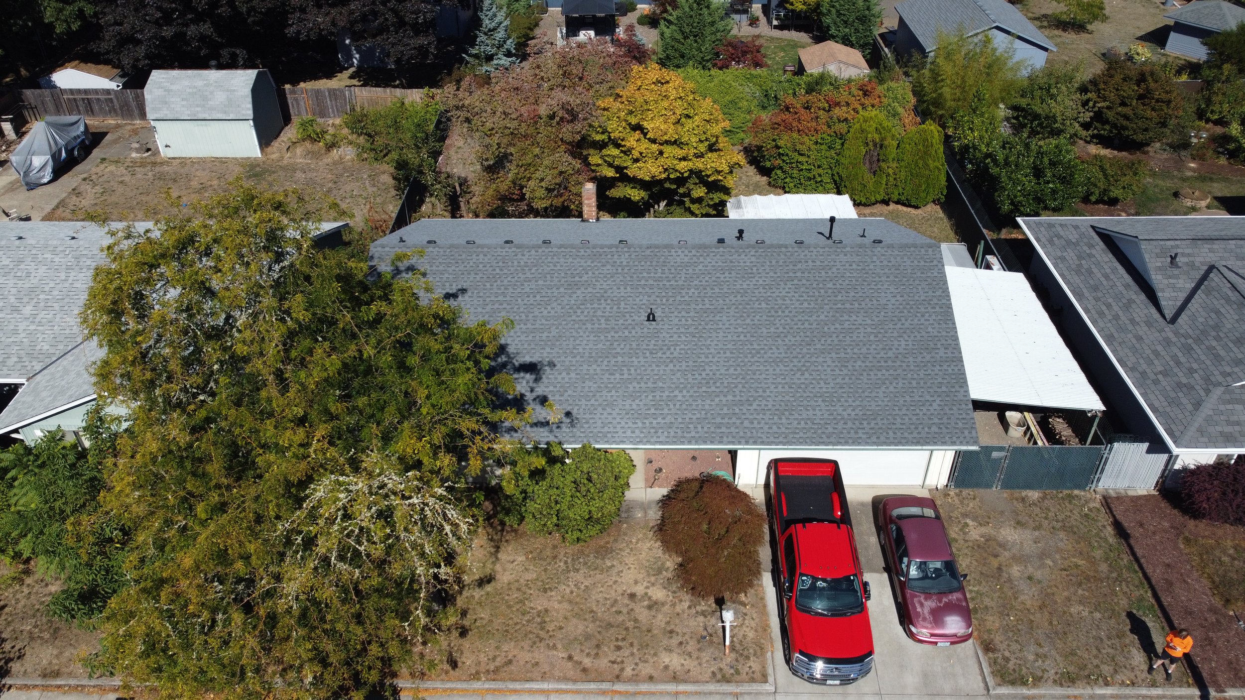 Aerial view of a roof replacement by AE&I Roofing and Construction