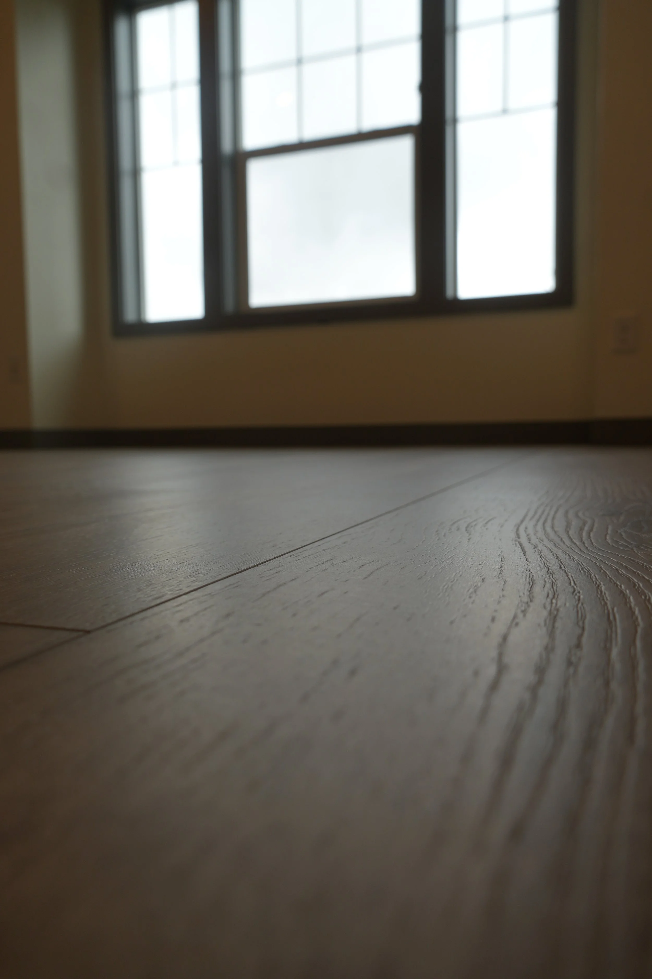 Close-up of wooden floor with a window in the background.