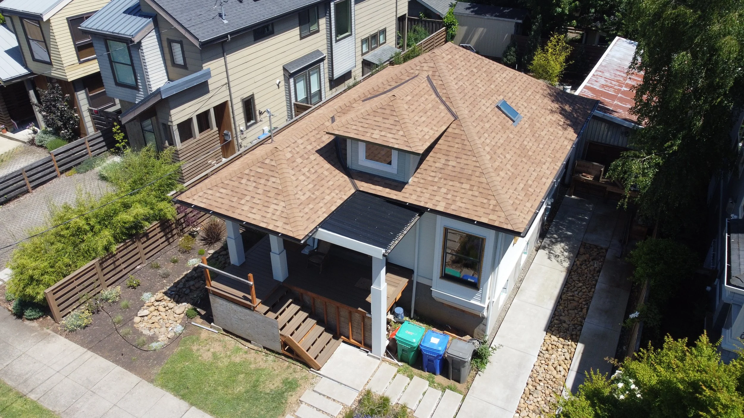 Aerial view of a AE&I Roofing and Construction roof installation