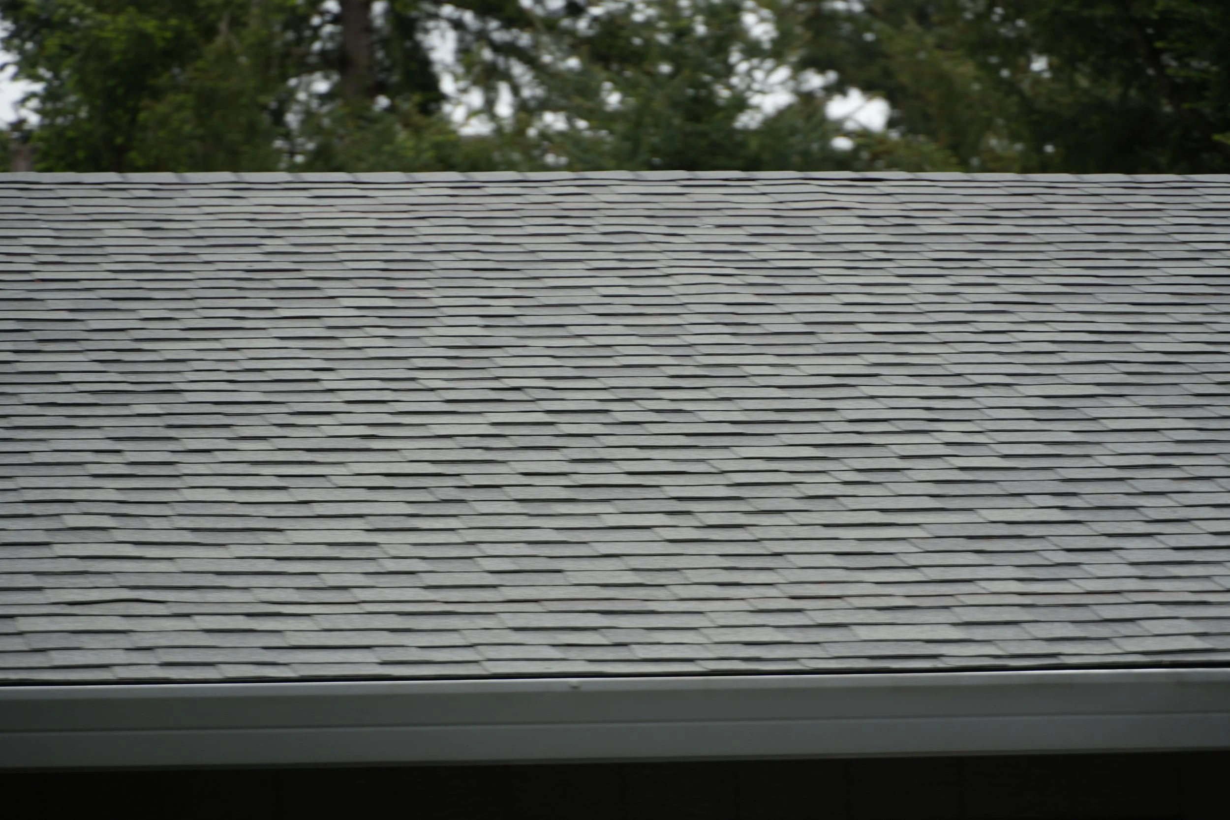 Close-up of a gray shingled roof with trees in the background.