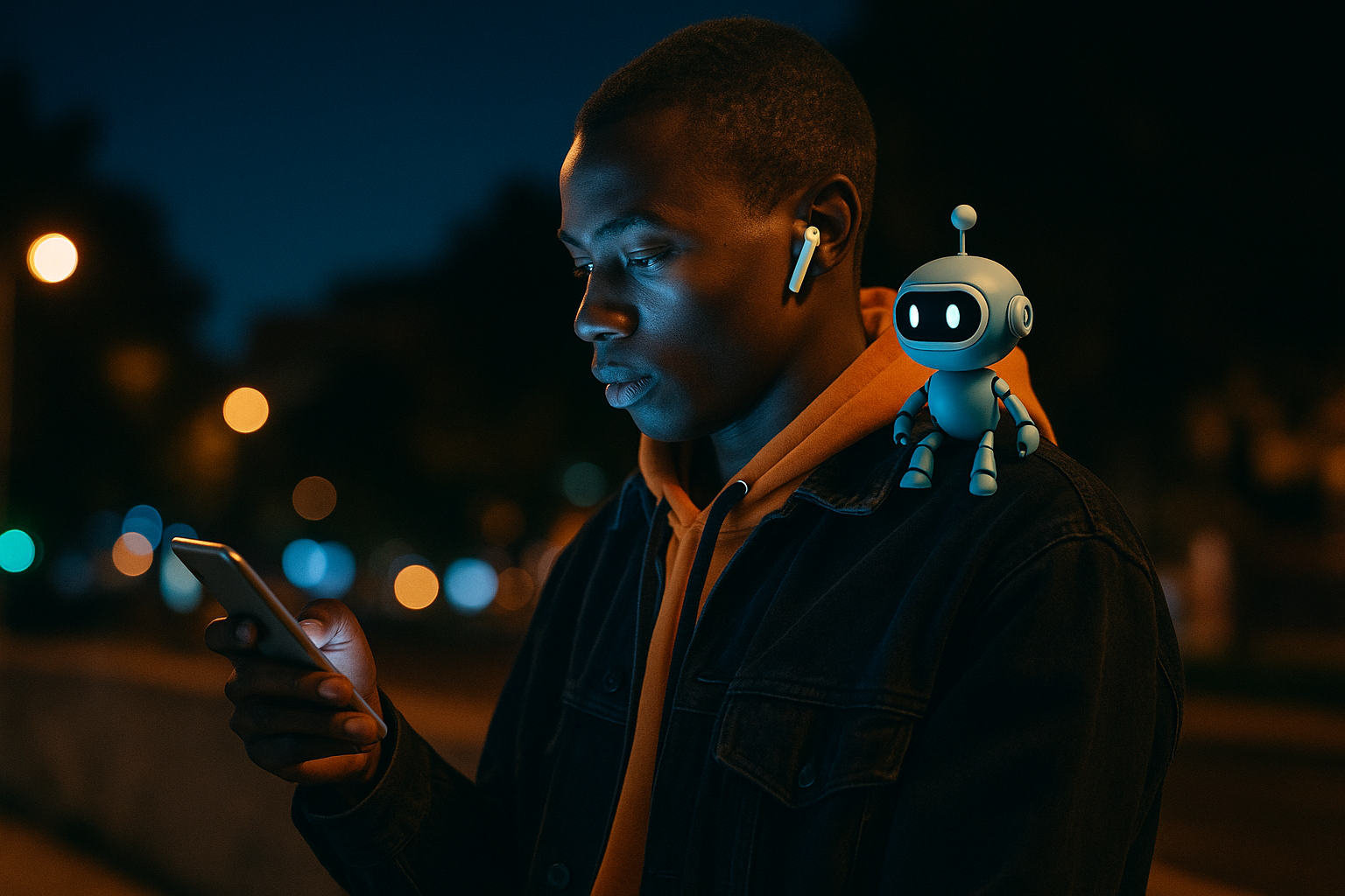 Man looks at his cell phone with AI "bot" on his shoulder