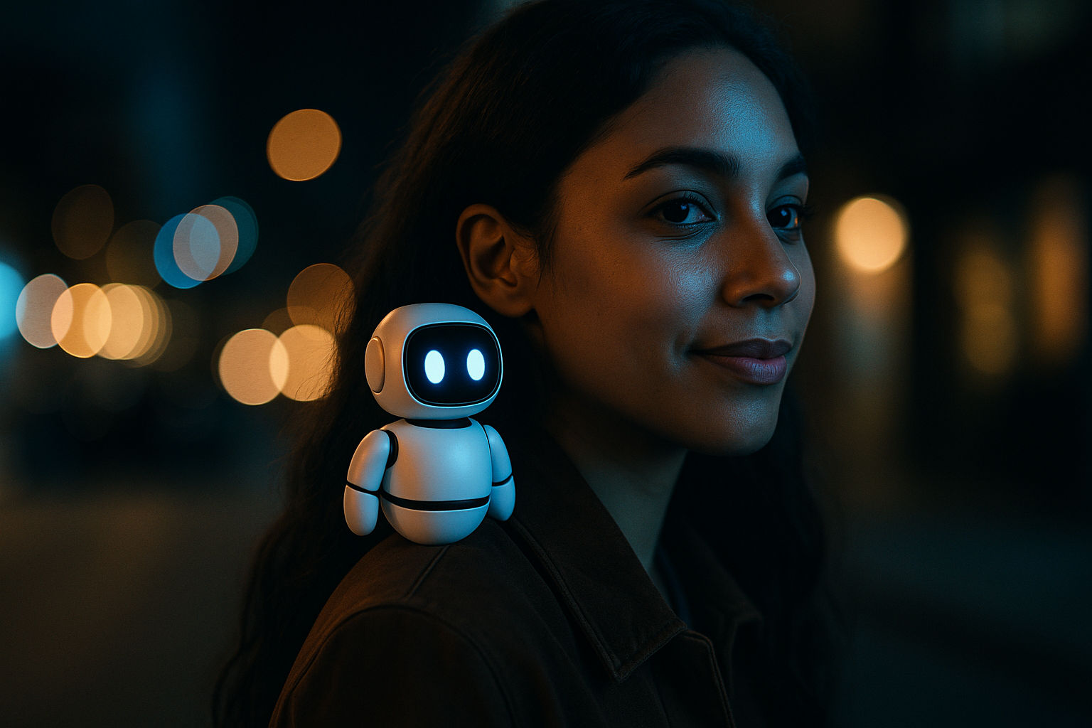 AI bot sits on a smiling woman's shoulder
