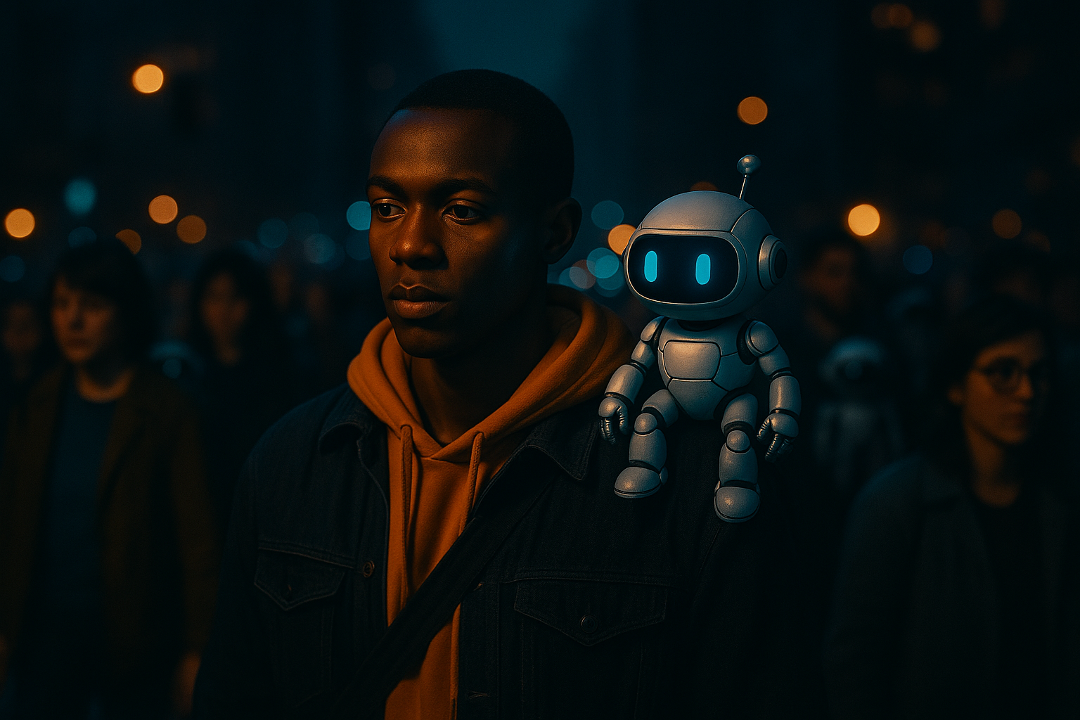 AI bot sits on mans shoulder, who looks blankly out into space