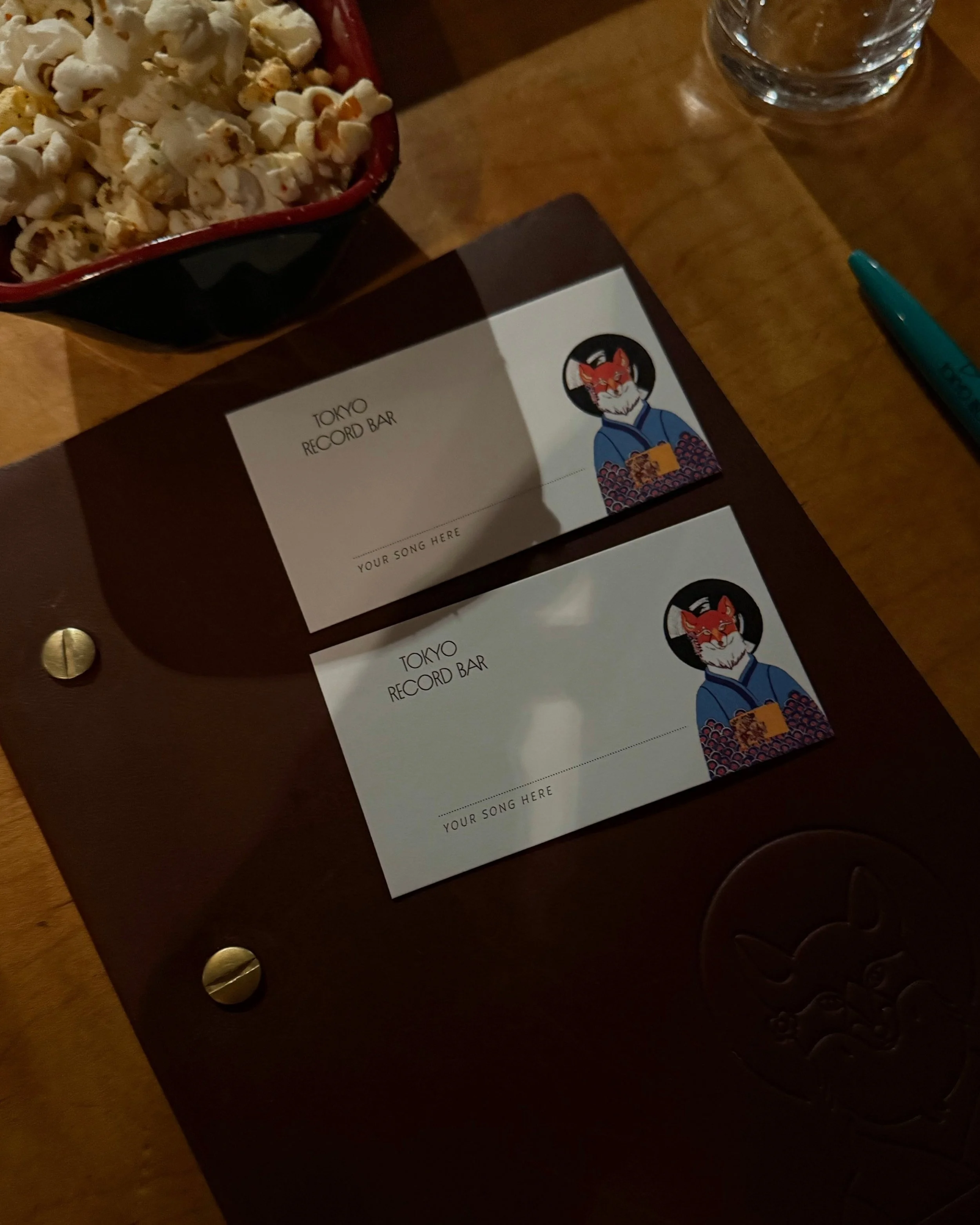 Tokyo Record Bar, cards on a brown leather menu