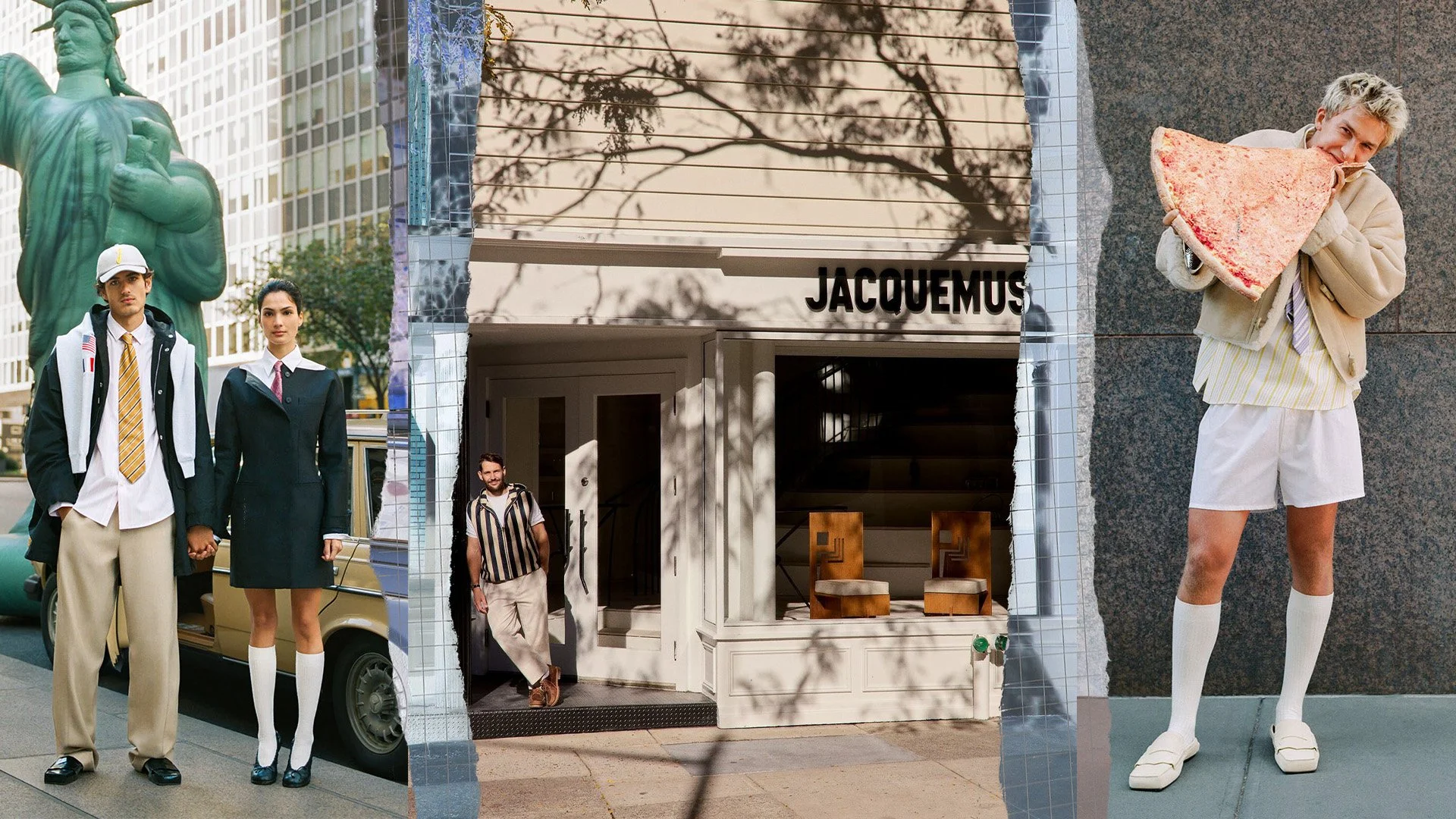 Jacquemus NYC features a blow up statue of liberty and oversized pizza slices