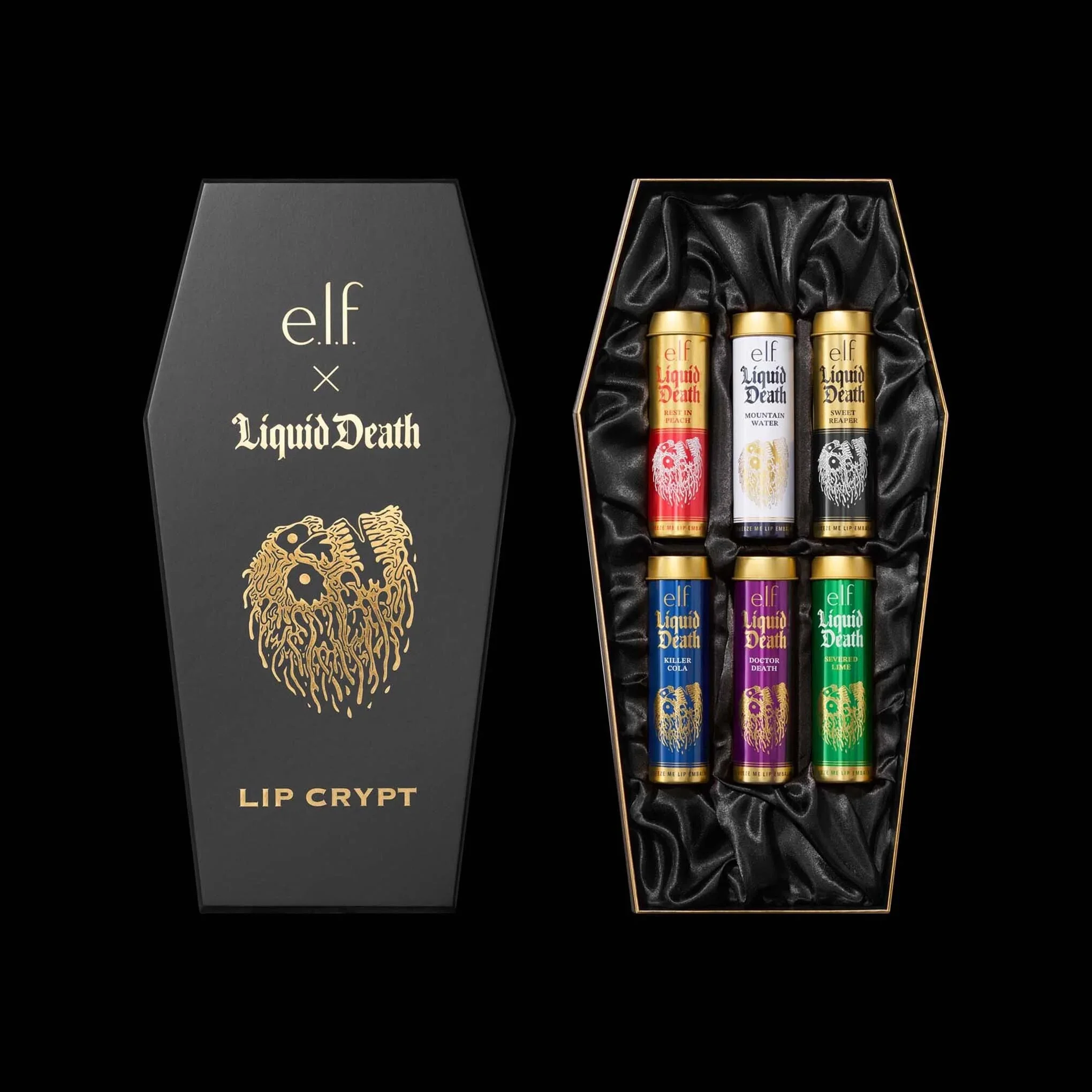Product shot of the e.l.f. cosmetics lip balm in a Liquid Death coffin