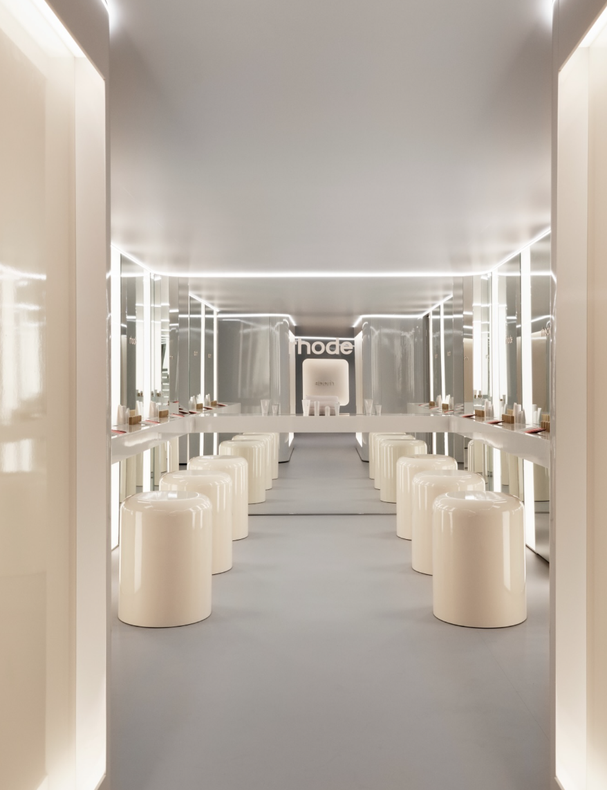 Rhode's storefront in London designed like a make up room at a fashion show