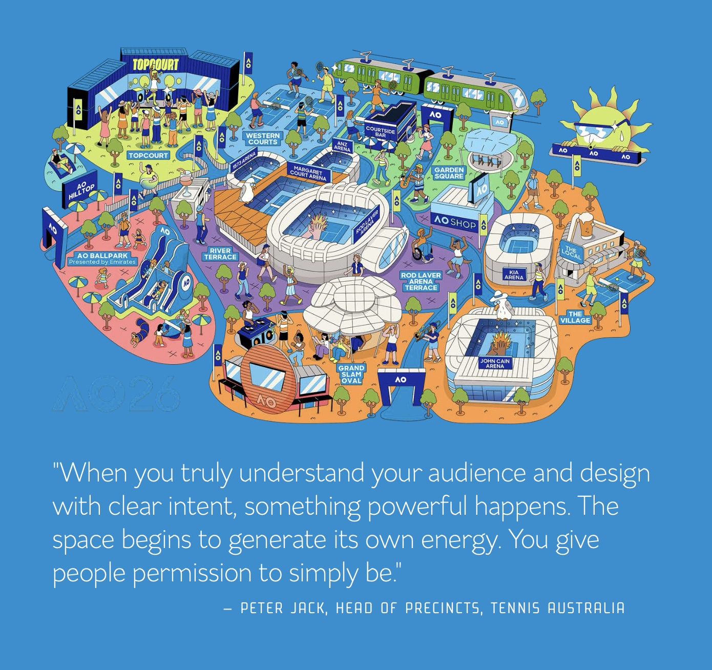 "When you truly understand your audience and design with clear intent, something powerful happens. The space begins to generate its own energy. You give people permission to simply be." - Peter Jack, Head of Precincts, Tennis Australia
