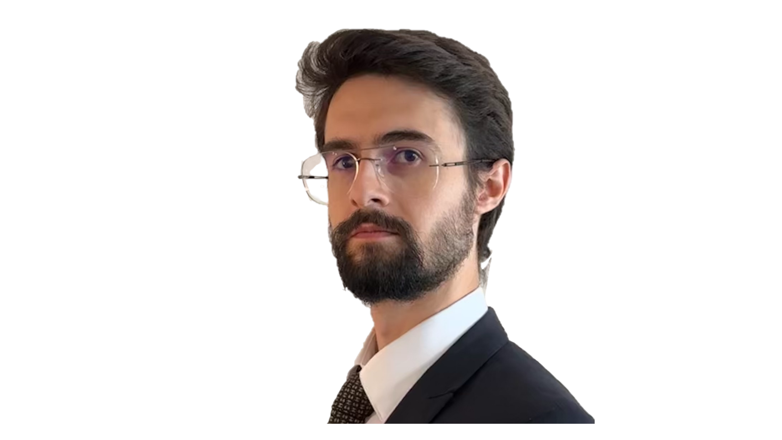 A man with dark hair and a beard, wearing glasses, a black suit, white shirt, and patterned tie, looking serious. Reza Zahedi
