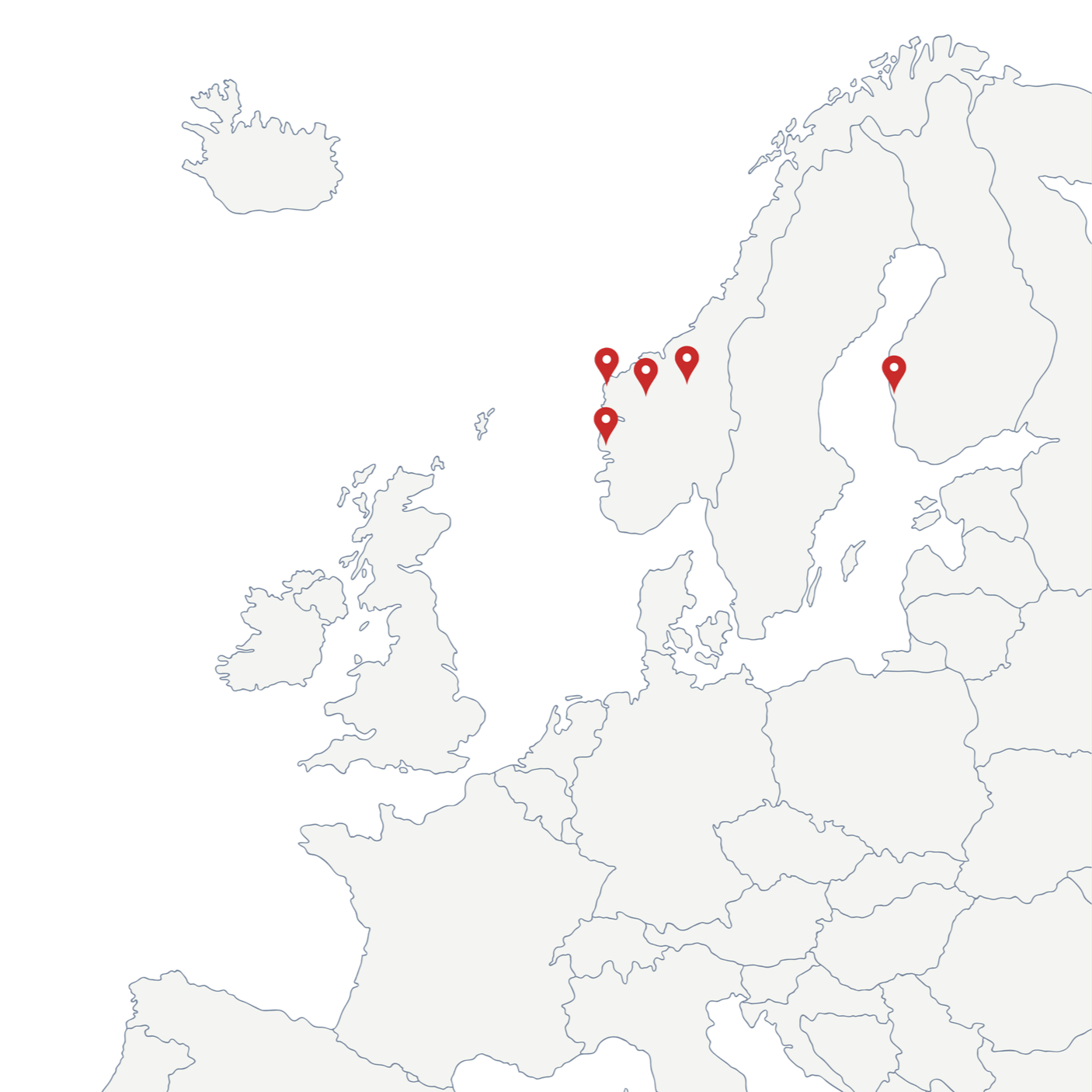 Map of Europe with five red location markers in northern Europe, including Iceland, the United Kingdom, Norway, Sweden, and Finland.