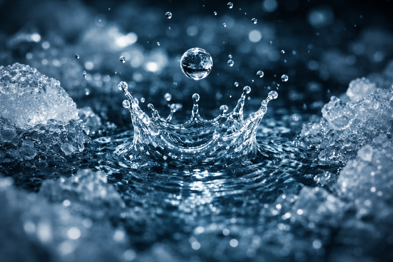 A water droplet creating a splash as it hits the surface of icy water, with ice chunks surrounding the splash.