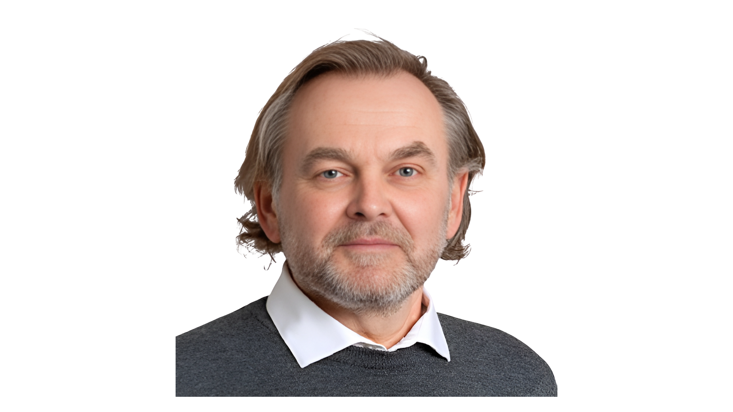 Portrait of a middle-aged man with light gray hair and a beard, wearing a white collared shirt under a dark sweater, looking directly at the camera with a neutral expression. Bjorn Vik