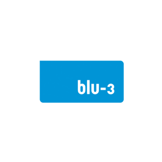 Still from a movie or TV show with two characters in dark clothing, one holding a gun, and a blue logo for 'blu-3' in the center.