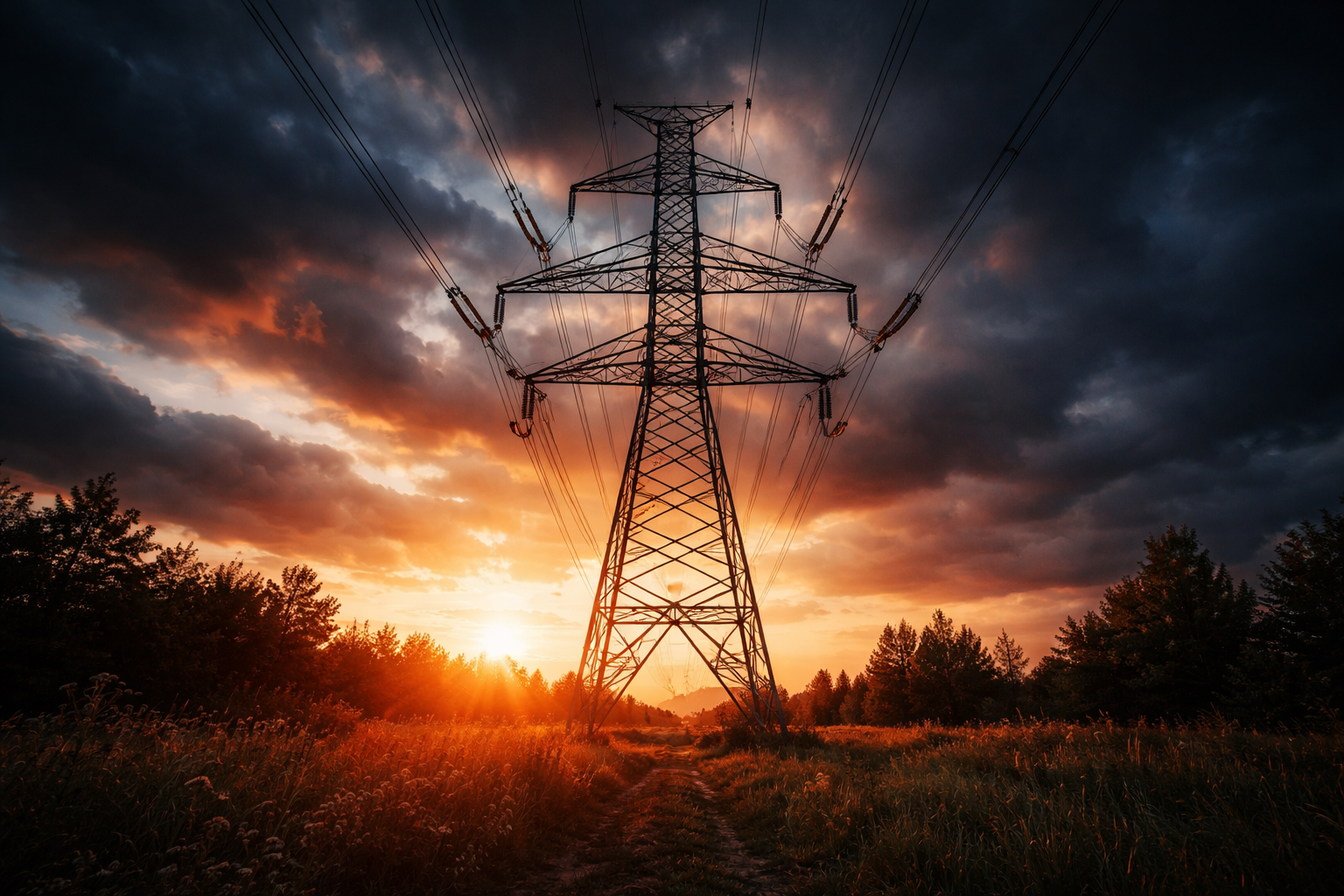 A power line tower stands in a field during sunset with dark clouds overhead.