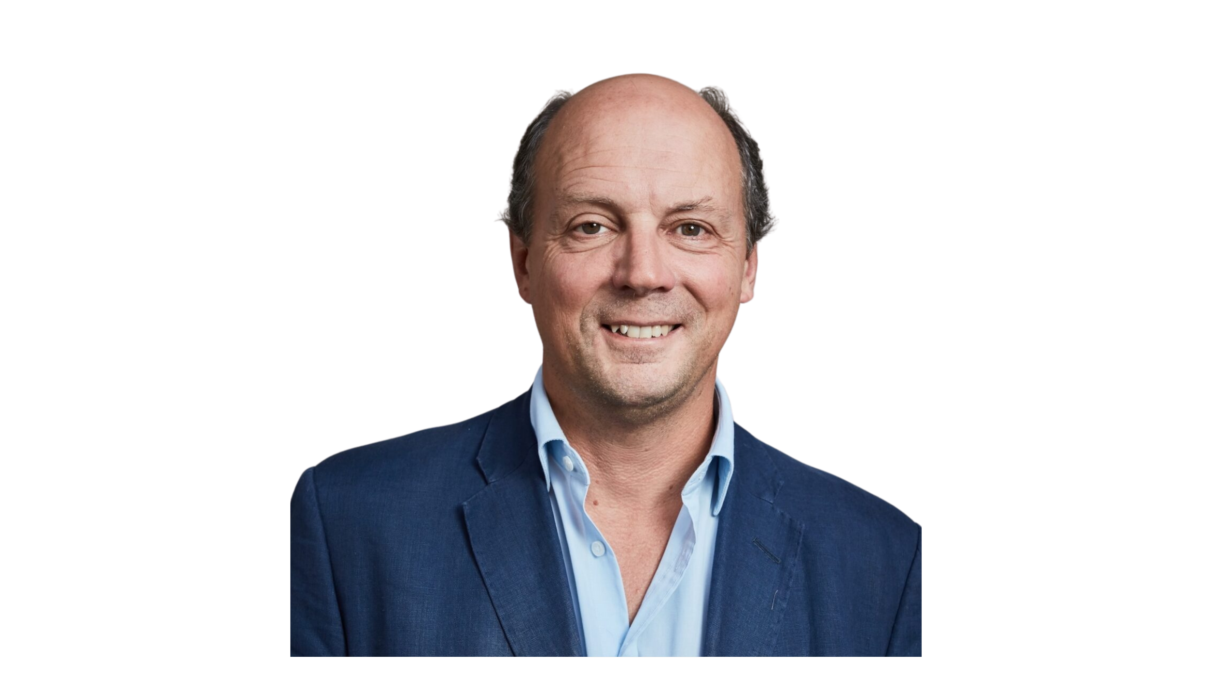 A middle-aged man with a receding hairline, wearing a blue suit jacket and a light blue dress shirt, smiling against a solid black background. David Kippen