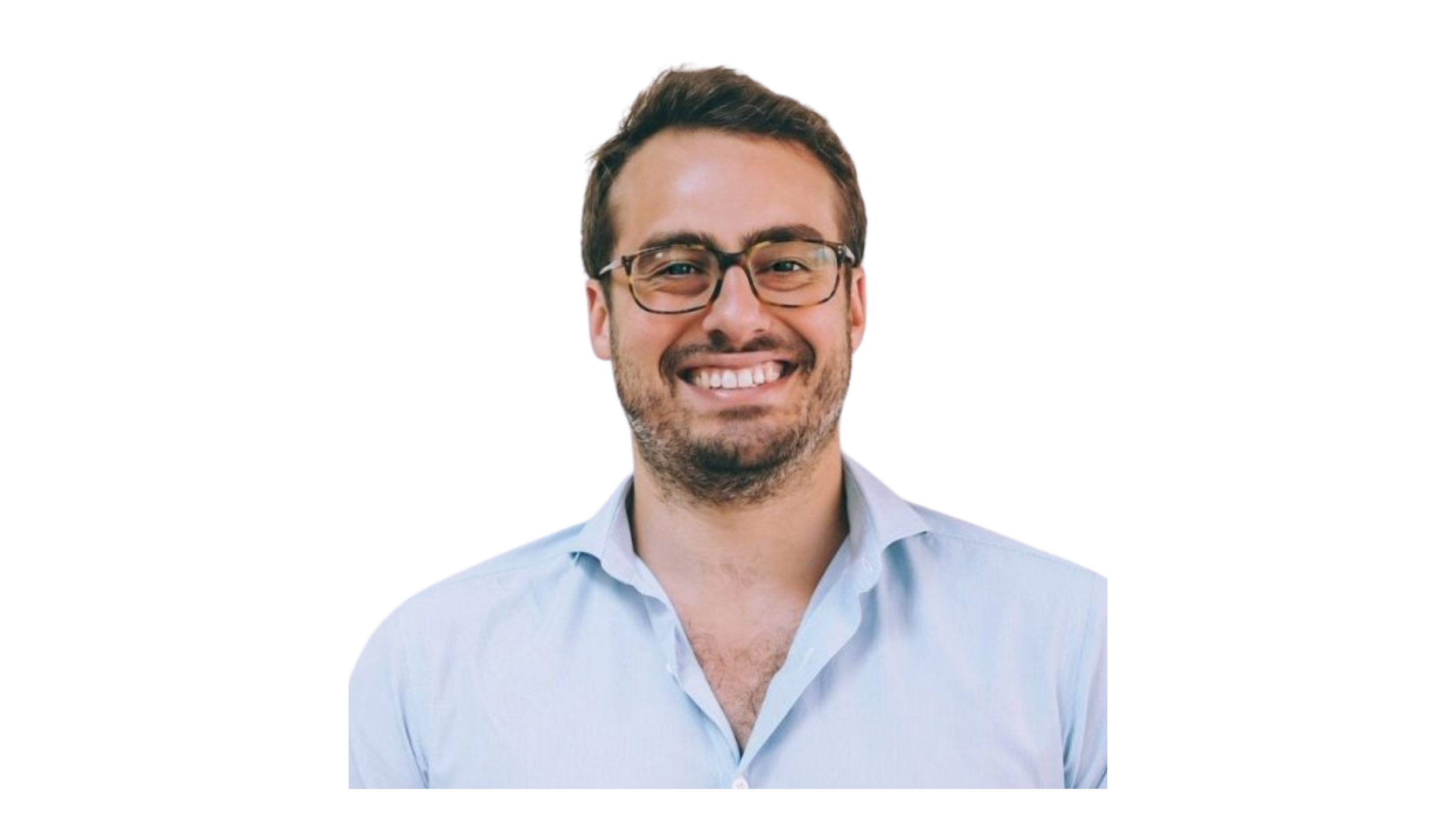 A smiling man with glasses and a light blue shirt, with a plain black background and colorful horizontal lines to the right. Joakim Tredier