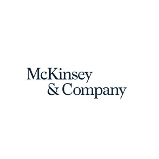 The logo of McKinsey & Company, a consulting firm, with the company name displayed in blue text on a black background.