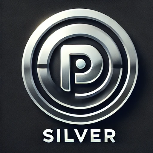 A silver circular logo with a 'P' in the center and concentric circles around it, with the word 'SILVER' below.