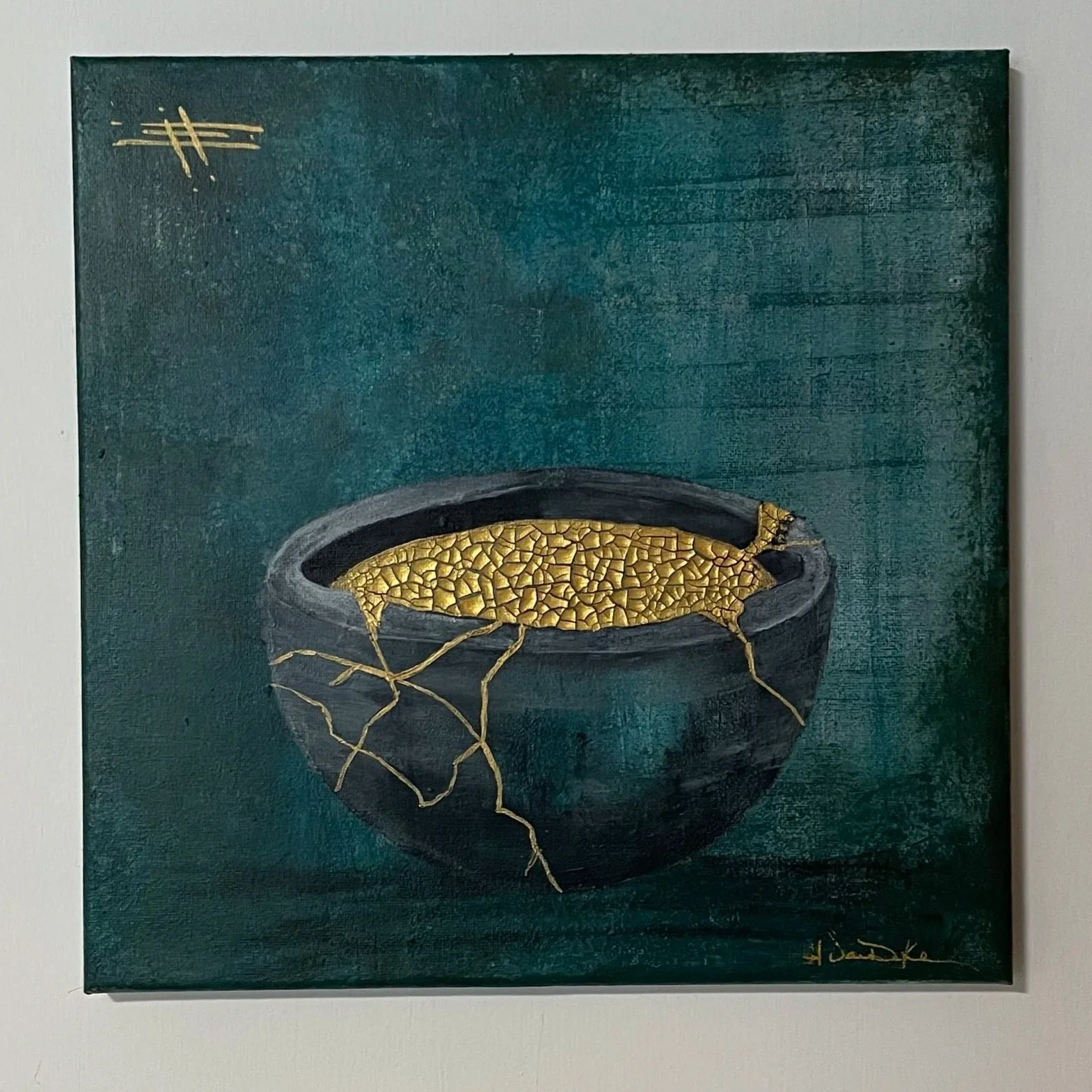 A painting of a black bowl with gold cracks and a textured gold interior, set against a teal background with gold accents in the top left corner.