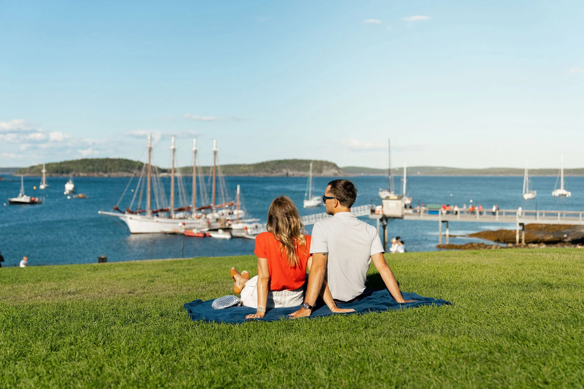A couple sitting on a blanket on grass near a harbor with sailboats and a dock in the background.