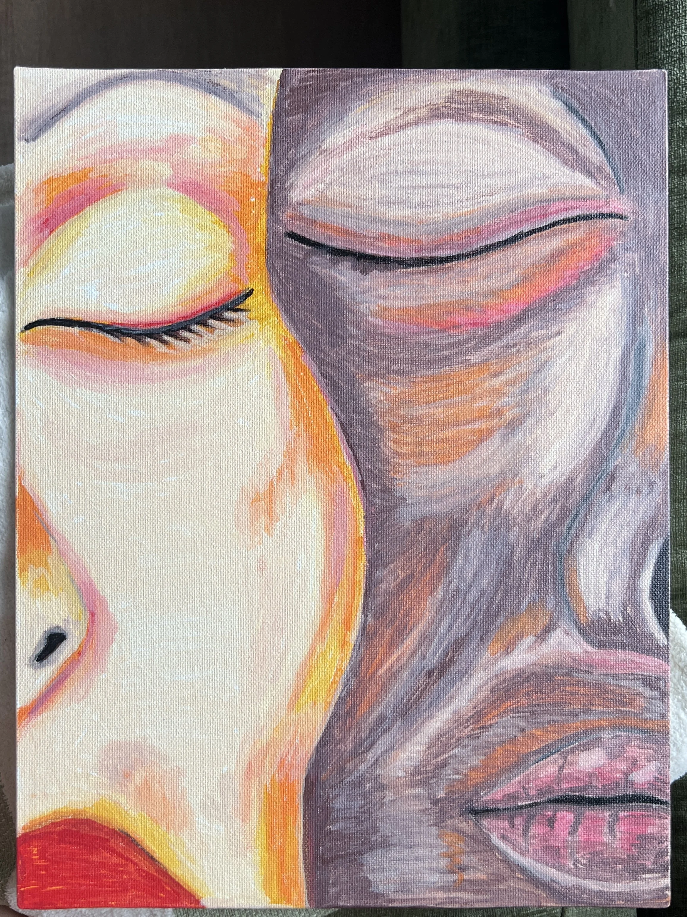 An abstract painting of two closed eyes, one on the left with warm colors and the other on the right with cool tones.