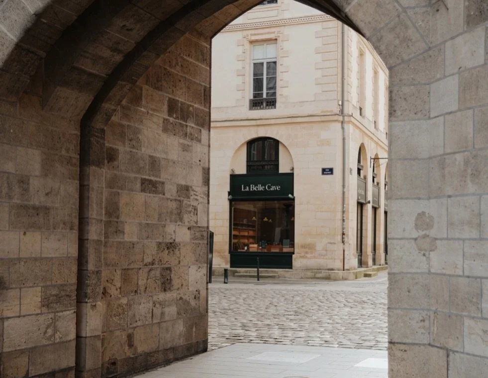 Une vue d'une rue pavée à Paris, vue à travers une arche en pierre, avec un bâtiment blanc et un magasin appelé "La Belle Cave" dans le fond.
