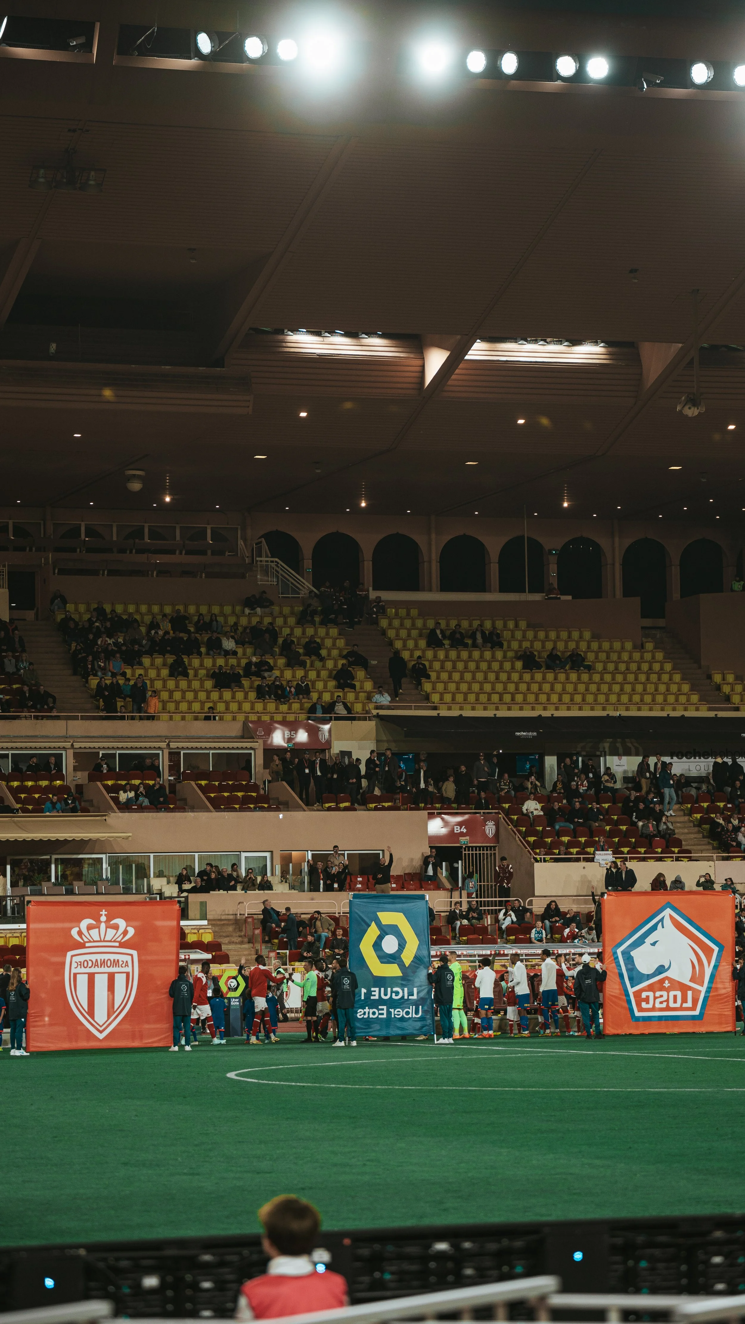 Stade de football avec logos de l'AS Monaco et LOSC, Ligue 1, spectateurs en tribune, banderoles sur le terrain.