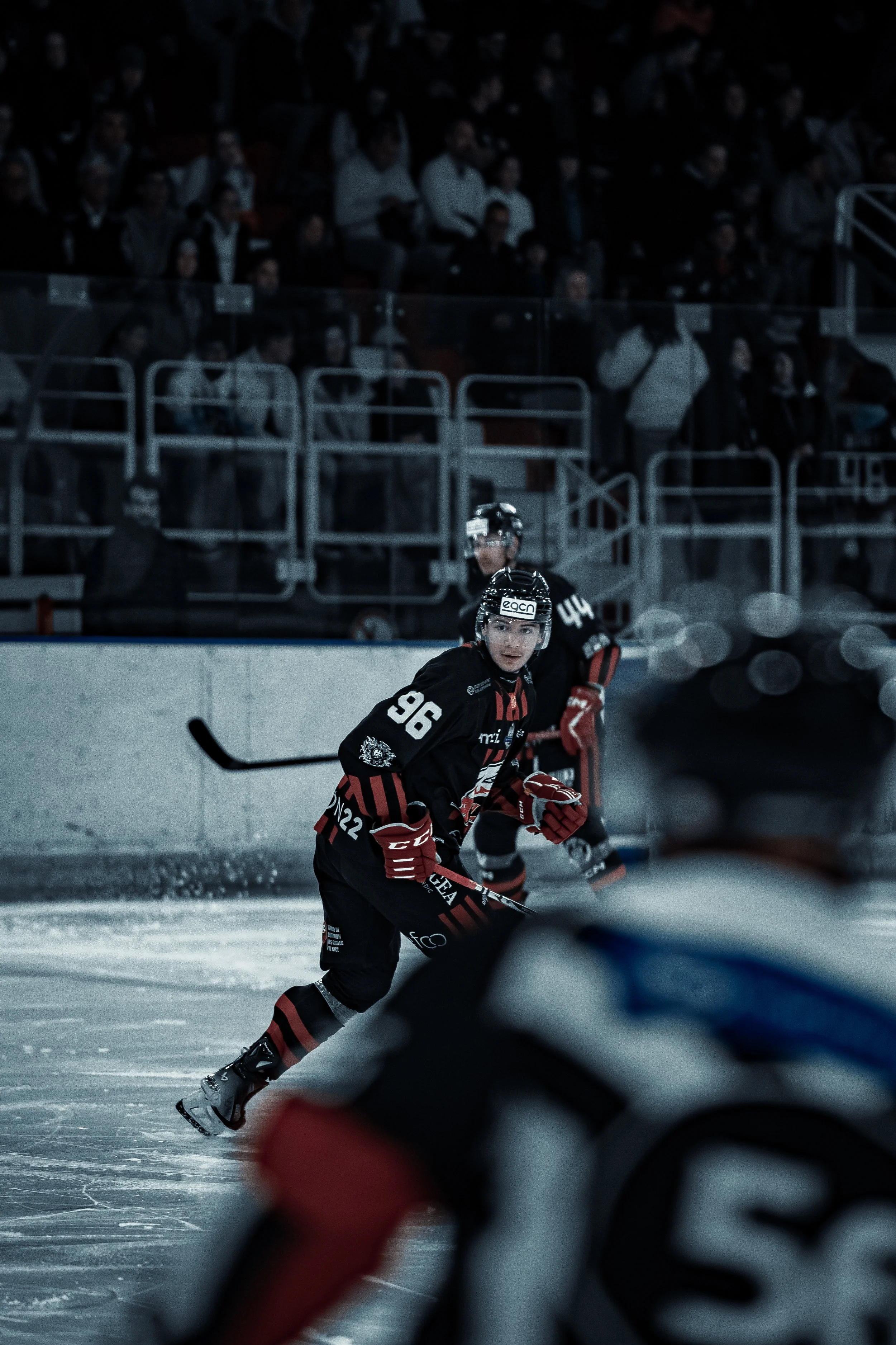 Joueurs de hockey sur glace en match, public en arrière-plan.