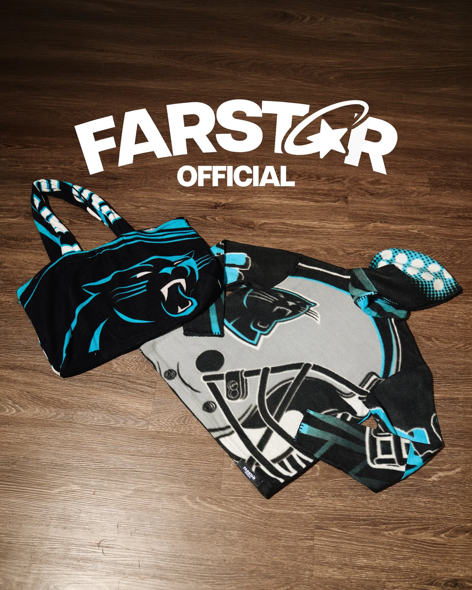 Official Carolina Panthers headwear with the team's logo and colors, placed on a wooden surface.