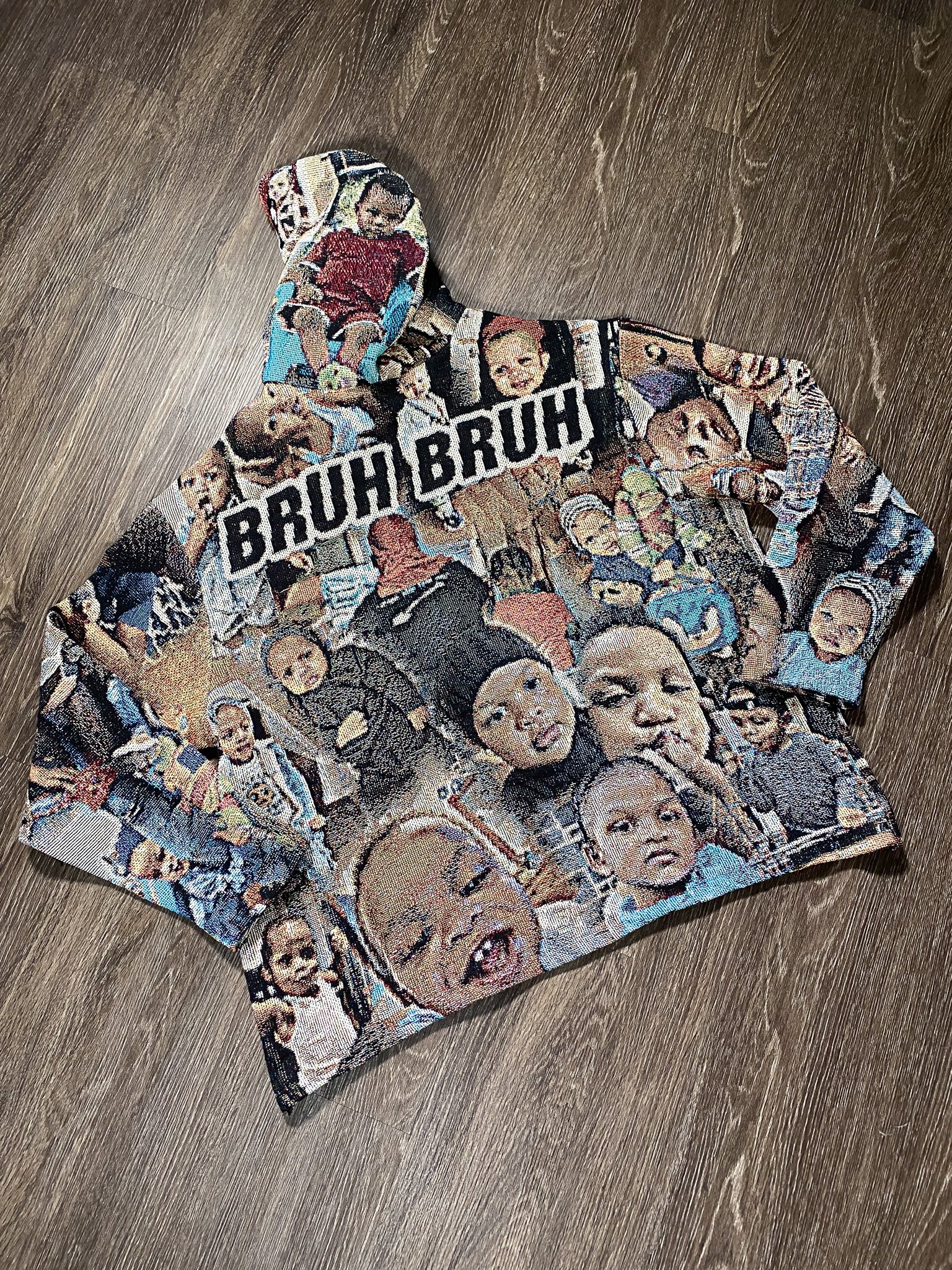 A Christmas stocking with images of various celebrities, including child actors and singers, and the text 'BROUGH BRUH' displayed prominently.