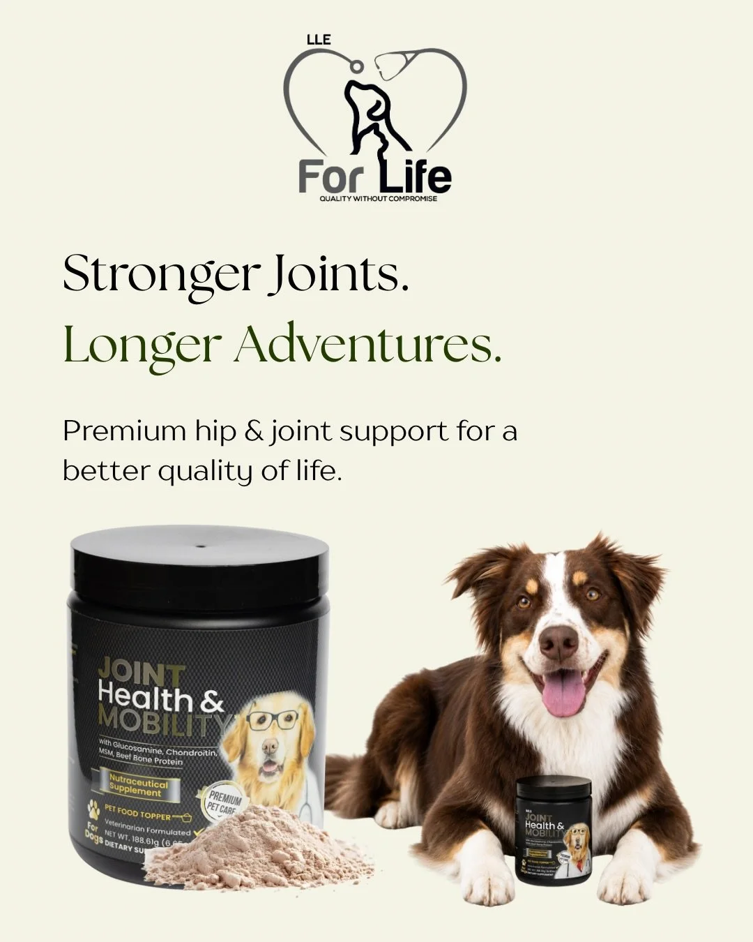 Meet For Life Nutritional 🐾

Created with one goal in mind: helping dogs stay active, playful, and comfortable for years to come. From daily walks to endless games of fetch, we believe every dog deserves support that keeps them moving at their best.