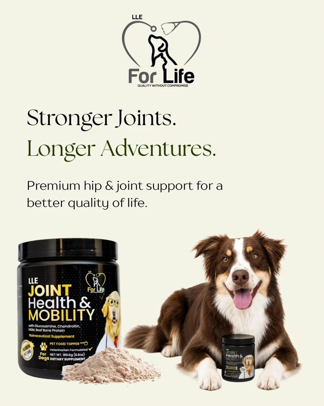 Every adventure starts with healthy joints. 🐾

Whether they&rsquo;re chasing tennis balls, hiking trails, or greeting you at the door every morning, your dog deserves the support to keep doing what they love.

Our premium Joint Health &amp; Mobility