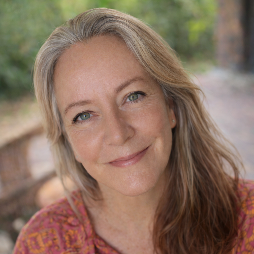 A woman with long, wavy blonde hair and fair skin smiling outdoors, with blurred trees and a pathway in the background.