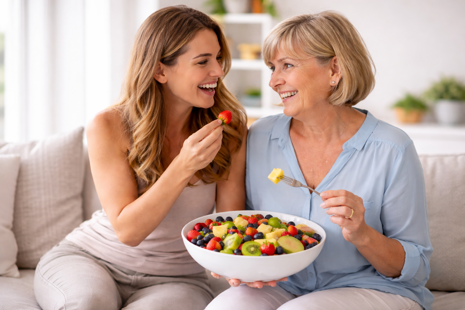 A young woman and an older woman sharing a bowl of mixed fruit, smiling at each other in a cozy living room.