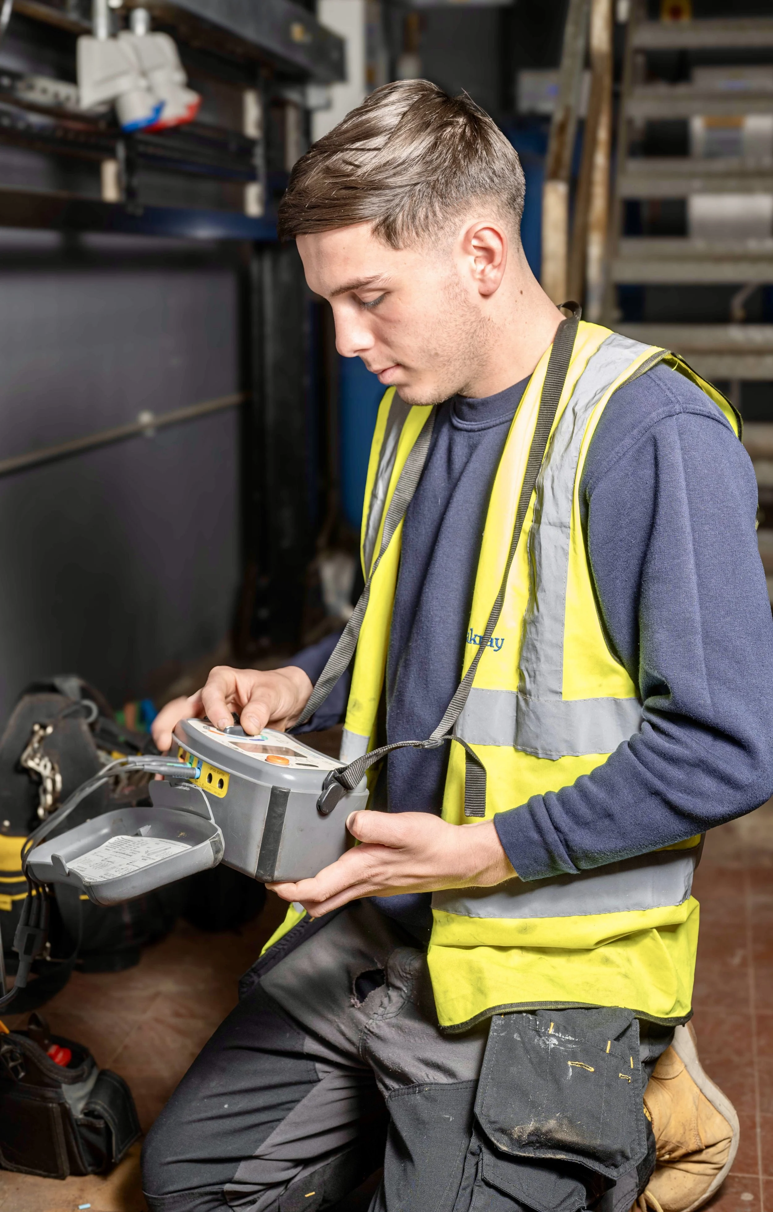 A young man wearing a yellow safety vest and work clothes kneeling while operating a diagnostic scanner in an industrial setting.