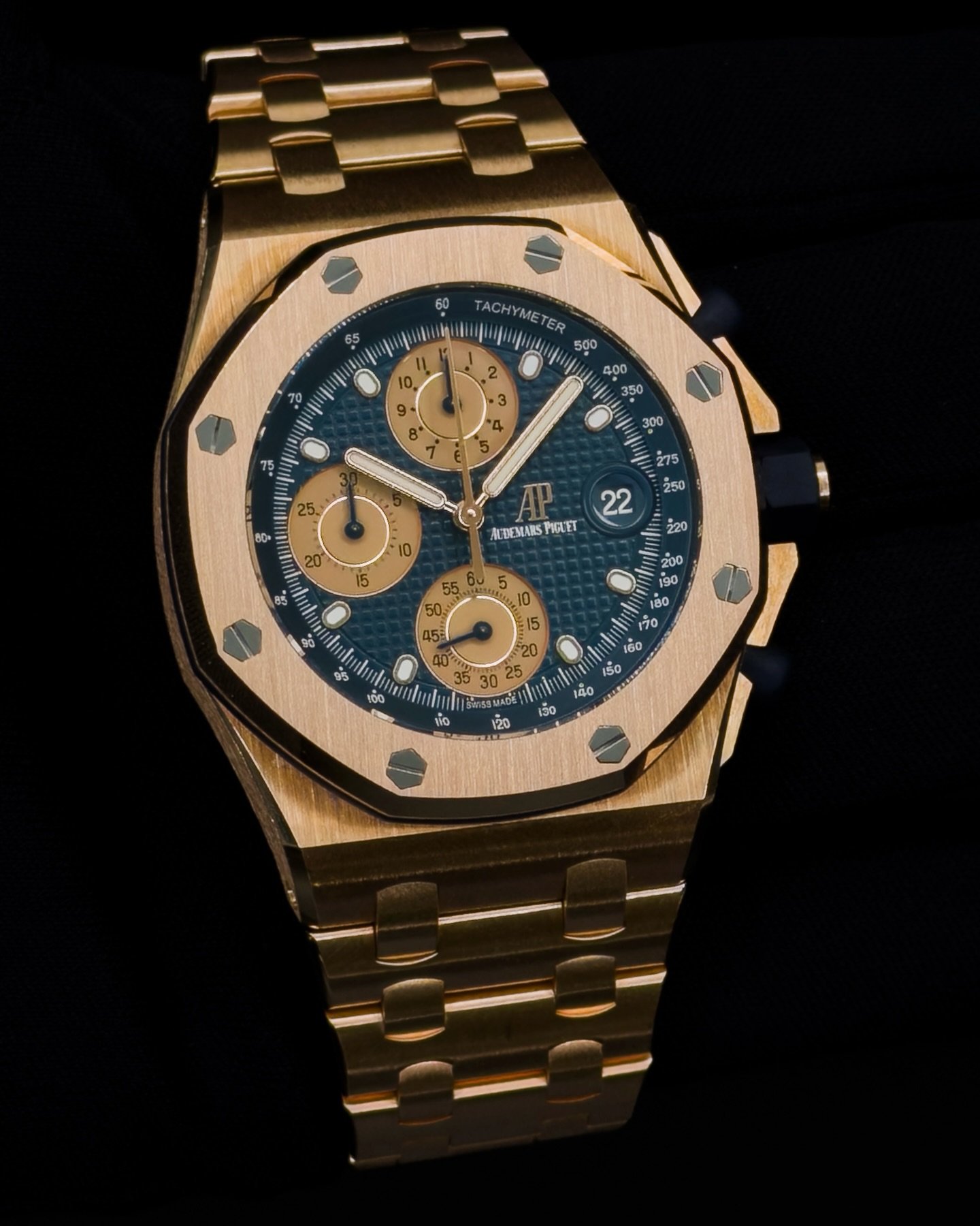 Heavy is the wrist that wears the &ldquo;Brick&rdquo;, full brick.

The Audemars Piguet Royal Oak Offshore Chronograph 42mm (Ref. 26238OR.OO.2000OR.01) features 18k Pink gold case with matching gold bracelet. Comes with an additional rubber strap and